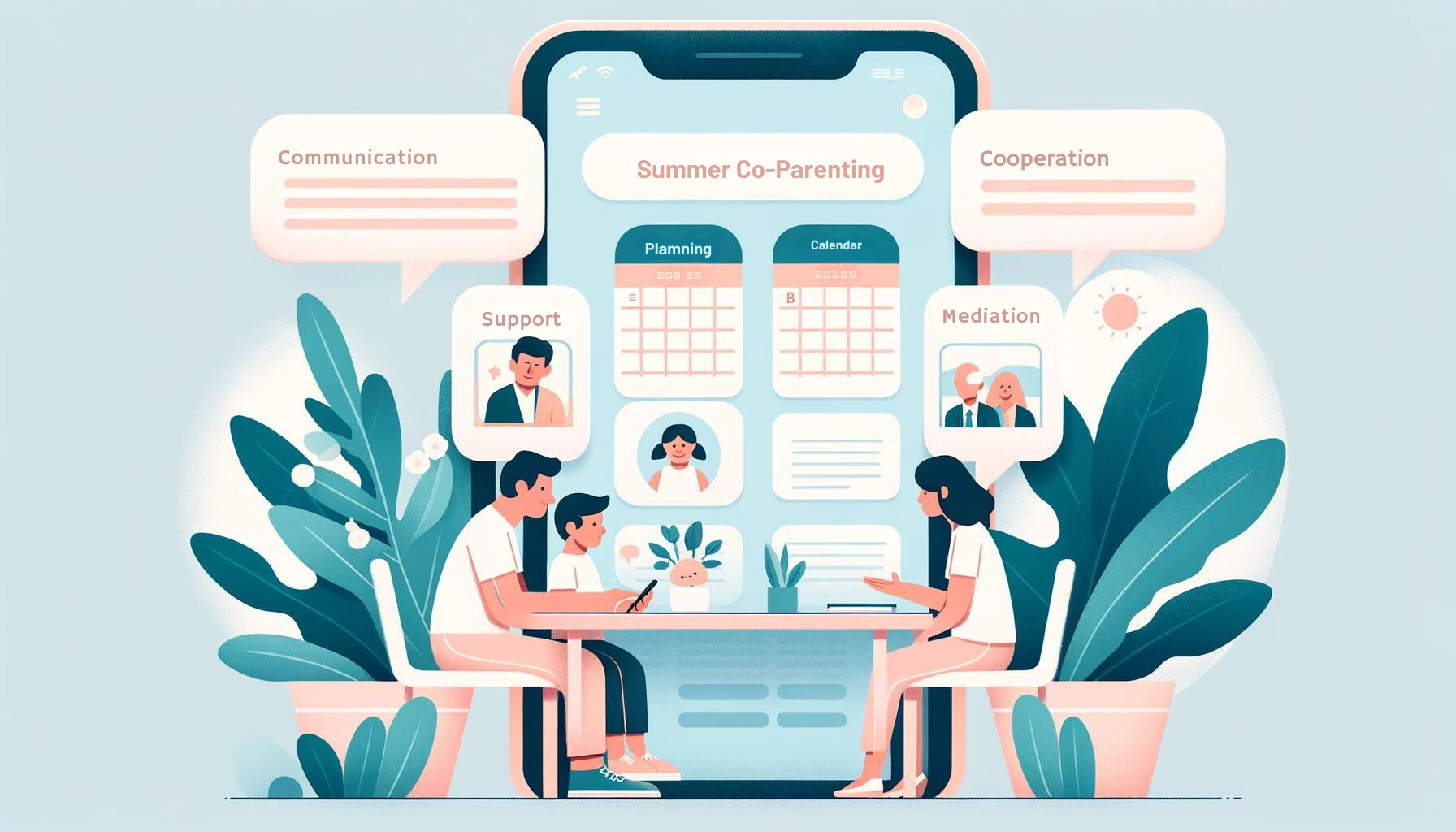 Infographic for managing children's summer activities by divorced or separated parents, featuring three main sections: 1) A smartphone displaying a co-parenting app next to a calendar, representing planning and communication; 2) Two parents, one male and one female, sitting at a small table discussing a shared calendar, symbolizing cooperation; 3) A mediation session depicted with three silhouettes around a table, illustrating conflict resolution. The design is minimalist with soft colors and ample white space.