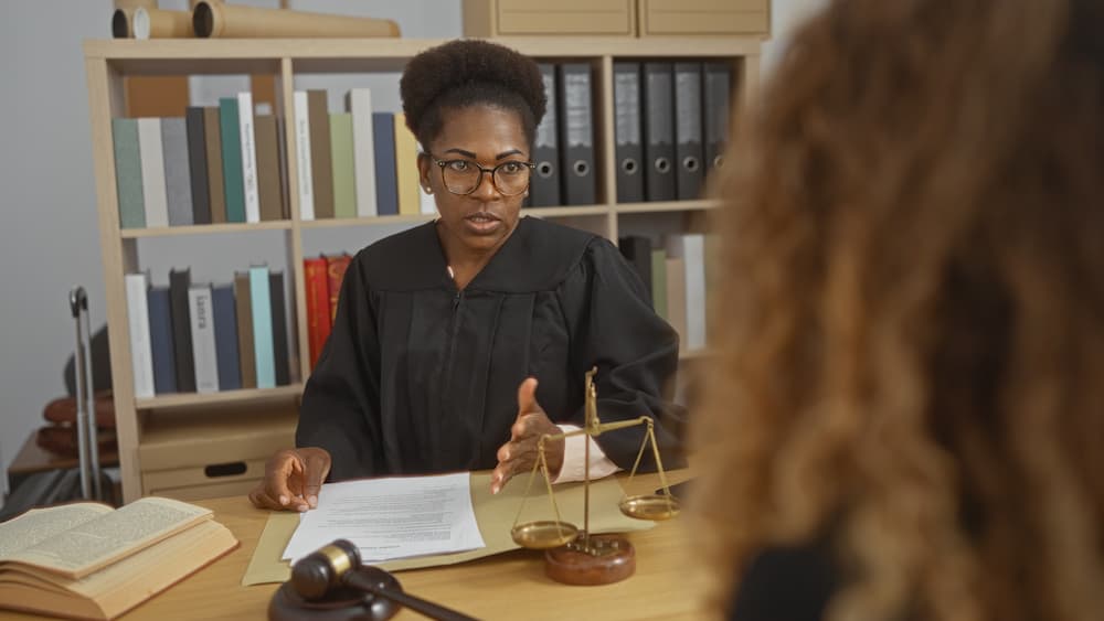 Woman judge discussing a relocation case in office, surrounded by legal books, scales of justice, and a gavel on the desk.