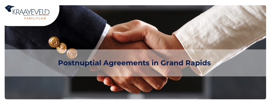 Man and woman handshaking after a postnuptial agreement in Grand Rapids