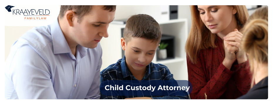 Divorcing parents discussing child custody with their son and a lawyer